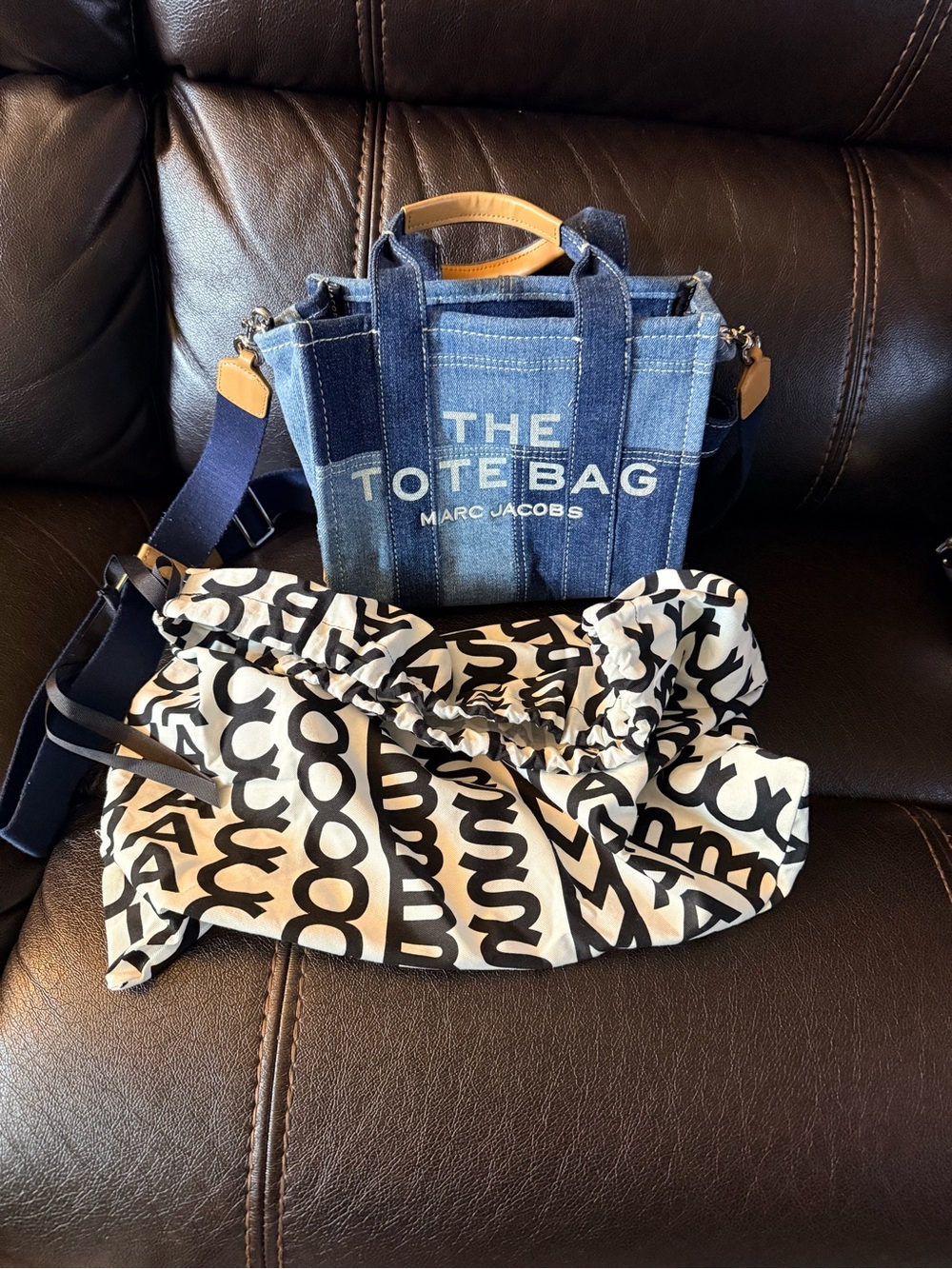 Marc Jacobs Denim Mini Tote with Navy Strap and Tan Handles